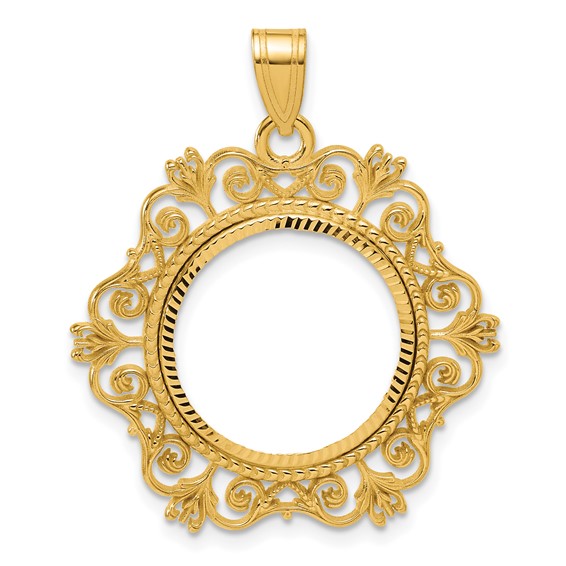 14k Diamond Cut Victorian with 16.5mm Prong Coin Bezel Pendant