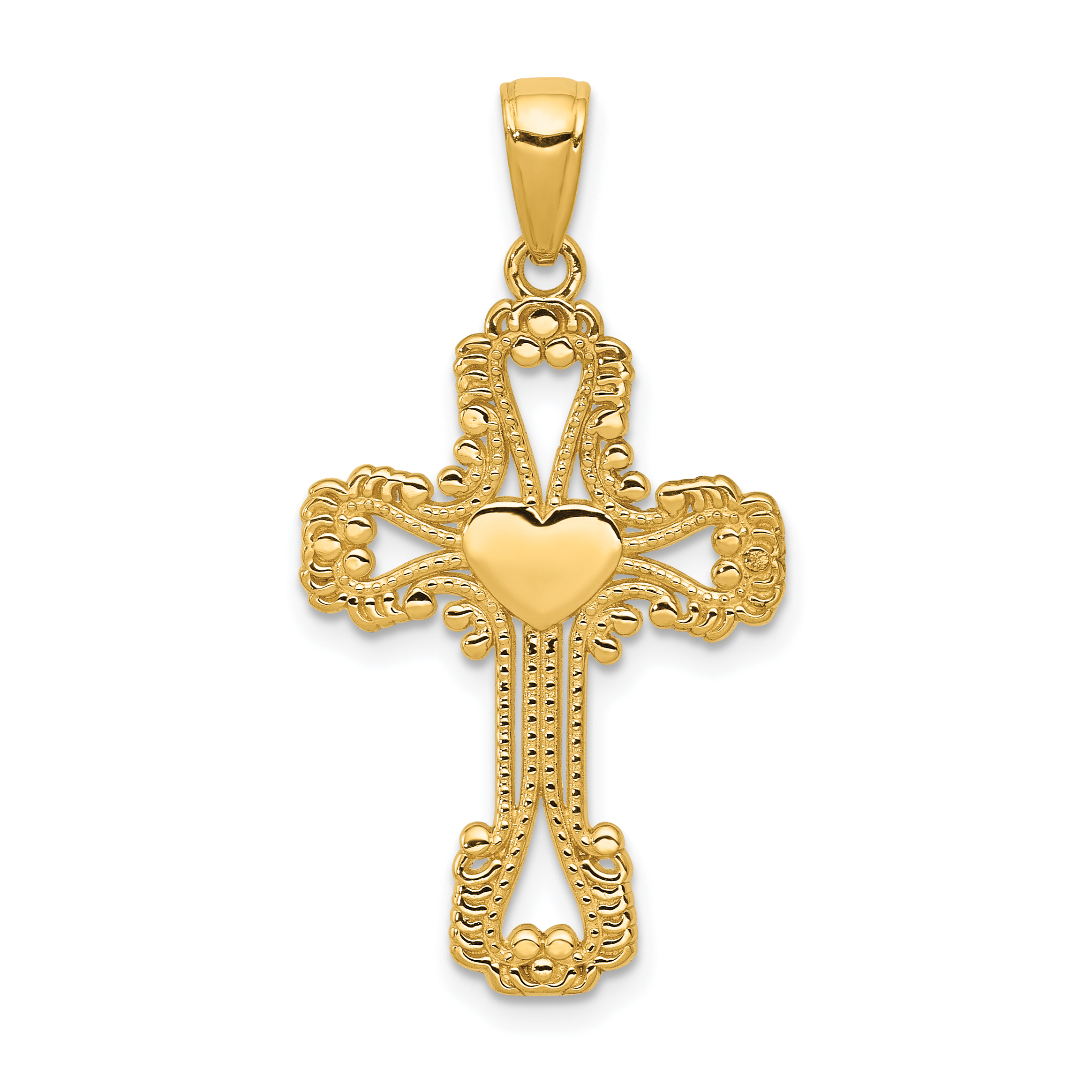 14K Beaded Cross with Heart Pendant (C4194)