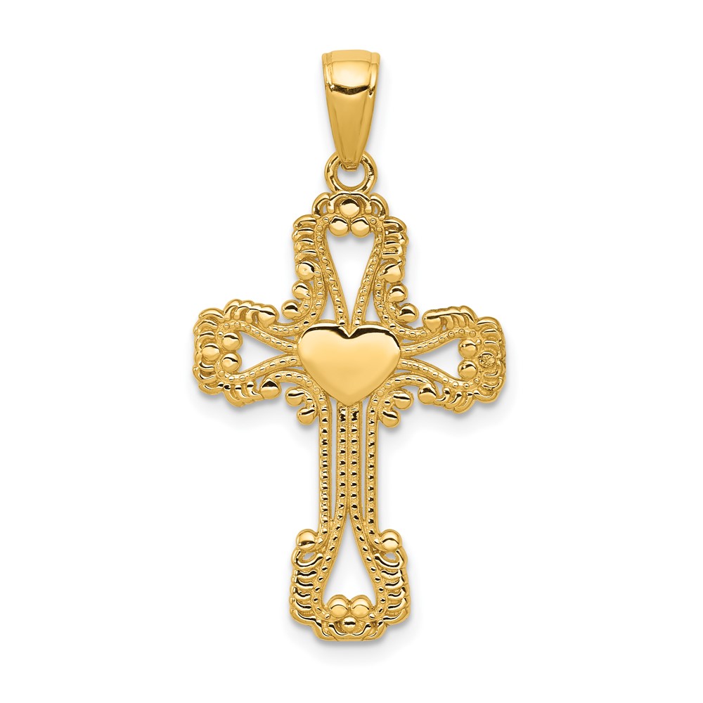 14K Beaded Cross with Heart Pendant (C4194)