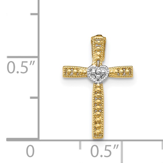14k and White Rhodium Cross with Heart Center Pendant