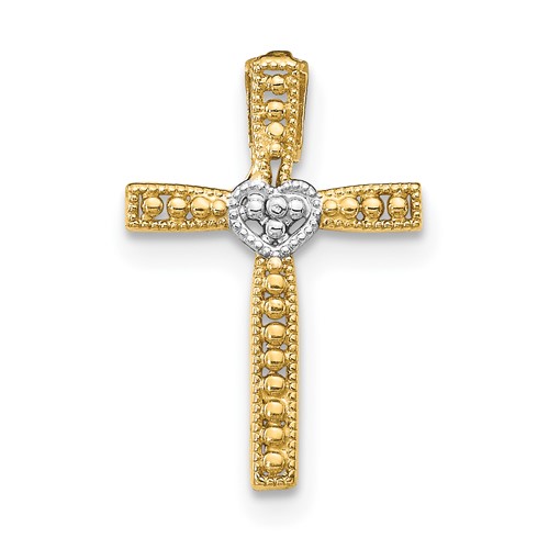 14K and White Rhodium Cross Pendant with Heart Center