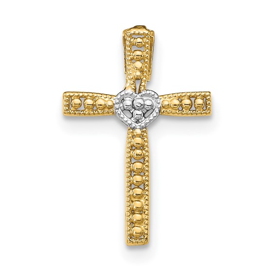 14k and White Rhodium Cross with Heart Center Pendant