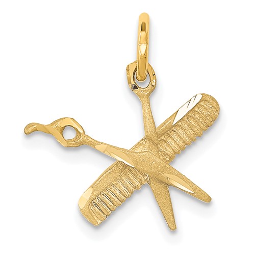 14K Yellow Gold Satin Diamond-cut Comb and Scissors Charm