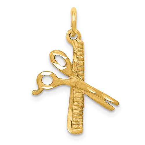 14K Yellow Gold Satin Diamond-cut Comb and Scissors Charm