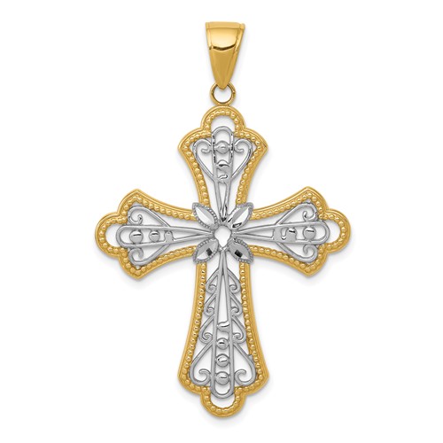 14K and White Rhodium Large Diamond-cut Filigree Cut-out Cross Pendant
