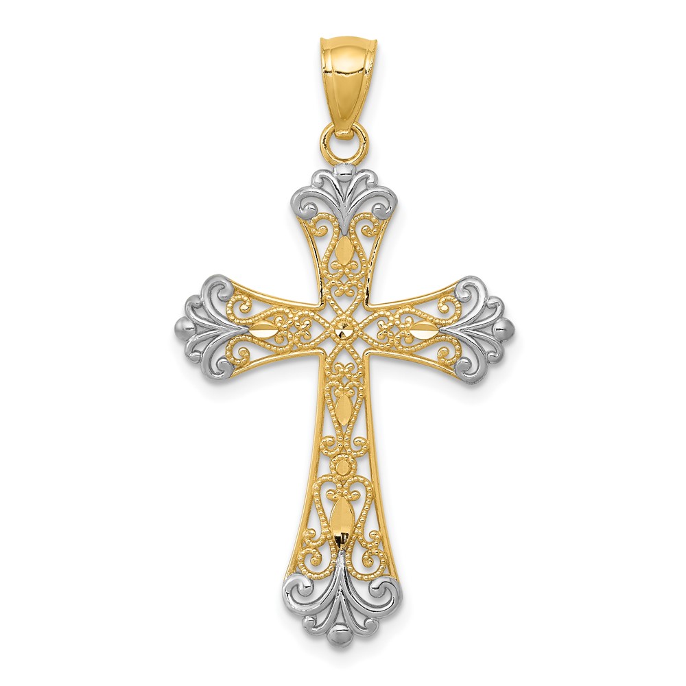 14K and White Rhodium Diamond-cut Cross Pendant