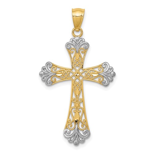 14K and White Rhodium Diamond-cut Cross Pendant