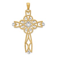 14K and White Rhodium Diamond-cut Beaded Trim Cross Pendant view 1