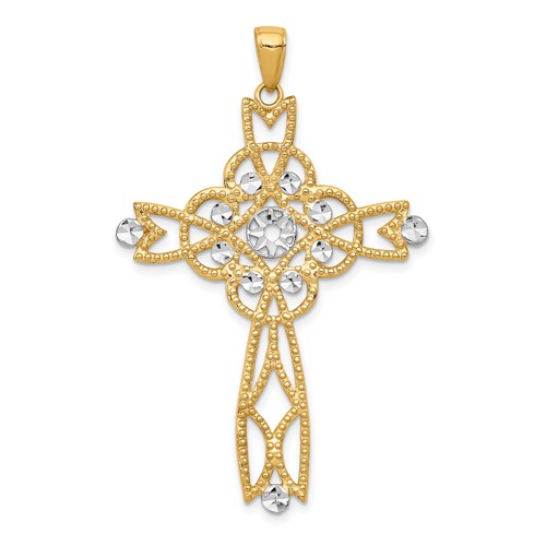 14K and White Rhodium Diamond-cut Beaded Trim Cross Pendant