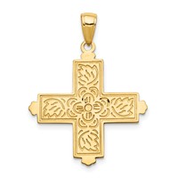 14K Yellow Gold Etched Square Cross Pendant with Floral Reverse view 4