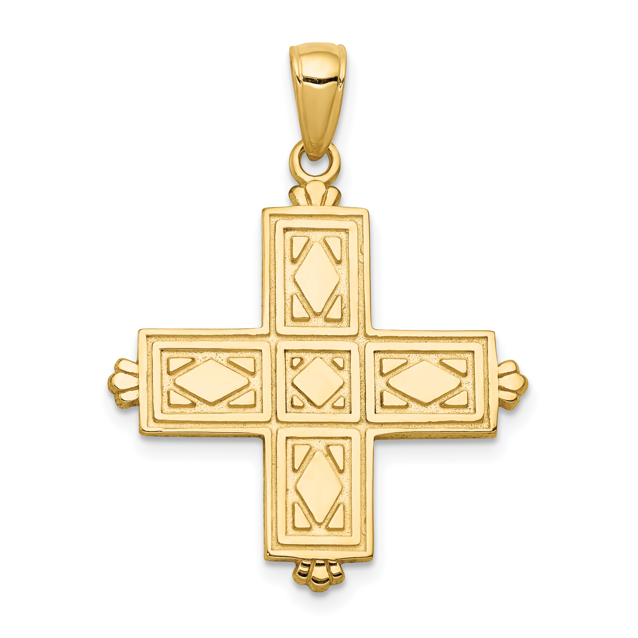 14K Etched Square Cross w/Crown Tips Pendant (C4332)
