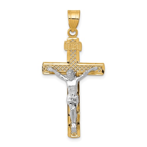 14K Two-tone Diamond-cut Lattice Cross Pendant with Crucifix