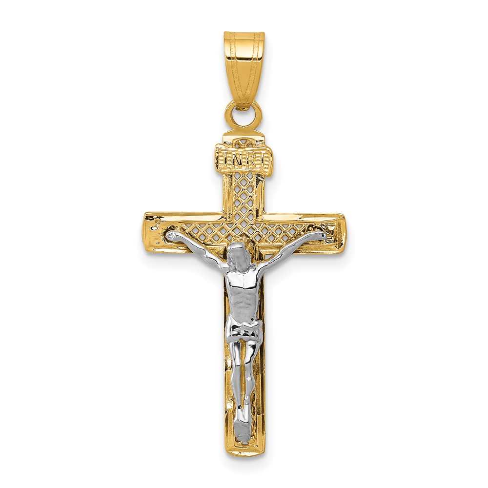 14K Two-tone Diamond-cut Lattice Cross Pendant with Crucifix