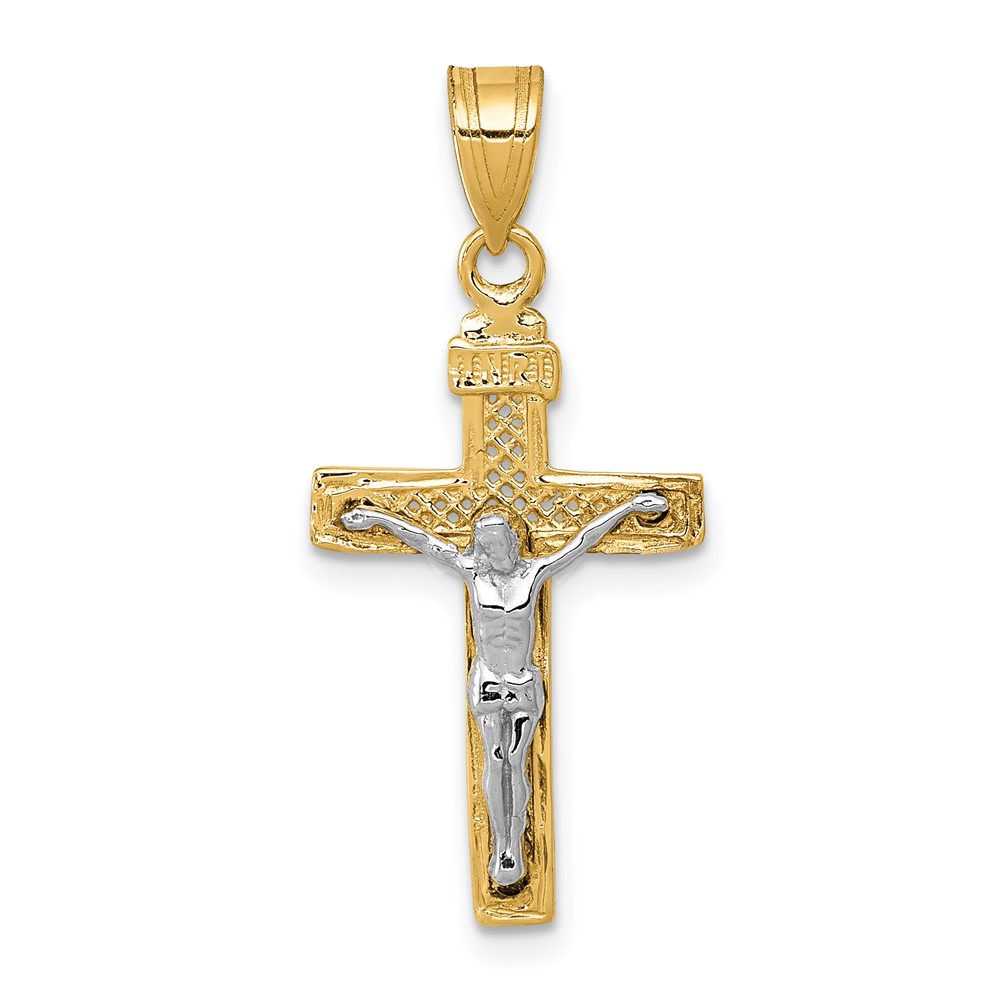 14K Two-tone Diamond-cut Lattice Cross Pendant with Crucifix