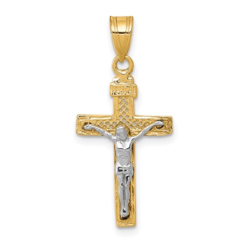 14K Two-tone Diamond-cut Lattice Cross Pendant with Crucifix