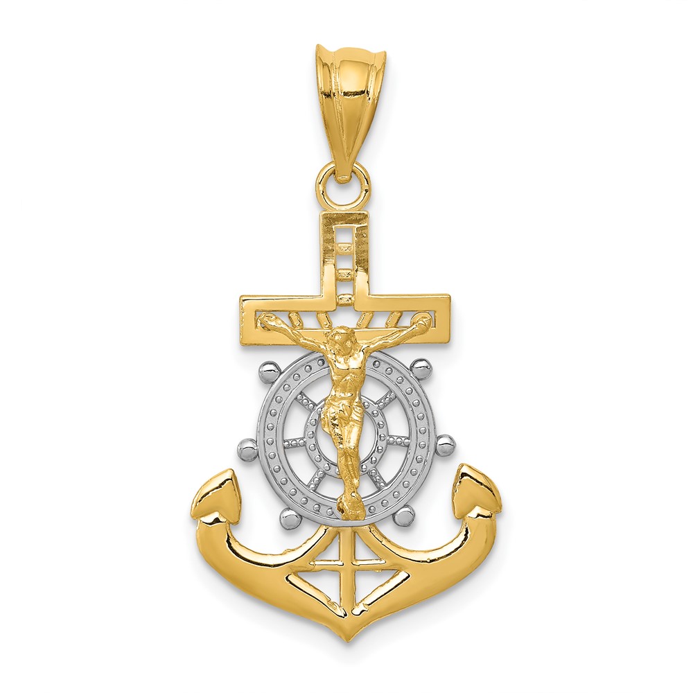 14K and White Rhodium Diamond-cut Mariners Crucifix Pendant