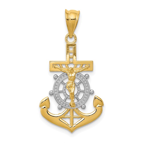 14K and White Rhodium Diamond-cut Mariners Crucifix Pendant