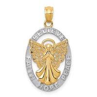 14K and White Rhodium Believe Peace Faith Hope Filigree Angel Pendant view 1