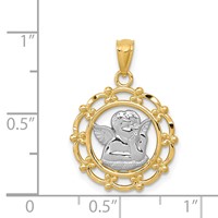 14K and White Rhodium Scalloped Frame Cherub Round Pendant view 4