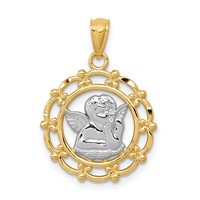 14K and White Rhodium Scalloped Frame Cherub Round Pendant view 1