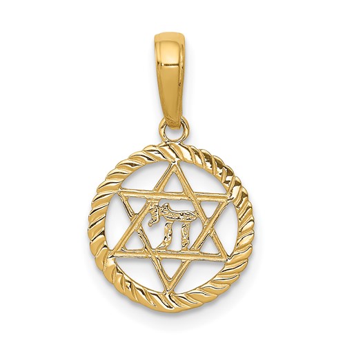14K Yellow Gold Star of David and Chai in Circle Pendant