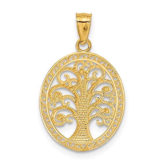 14k and White Rhodium Tree of Life Oval Pendant