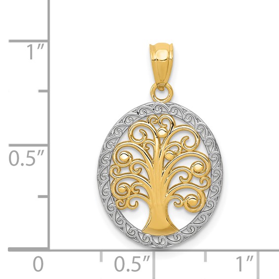 14k and White Rhodium Tree of Life Oval Pendant