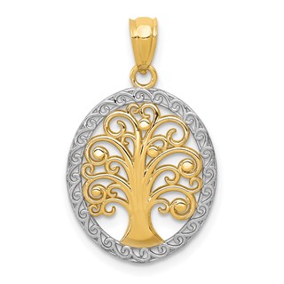 14k and White Rhodium Tree of Life Oval Pendant