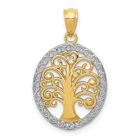 14k and White Rhodium Tree of Life Oval Pendant