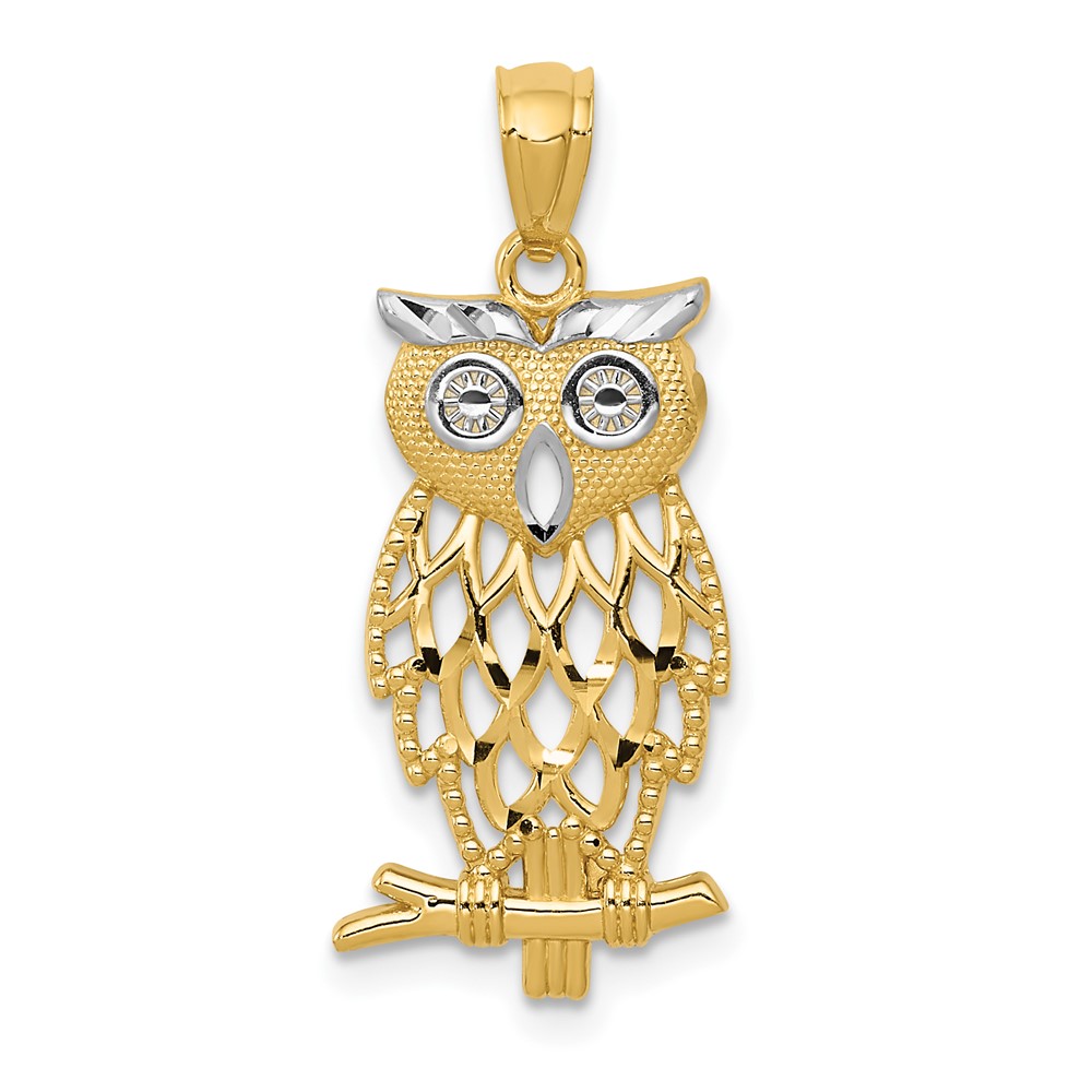 14K and White Rhodium Diamond-cut Owl Pendant