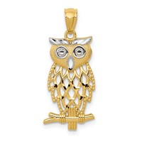 14K and White Rhodium Diamond-cut Owl Pendant view 1
