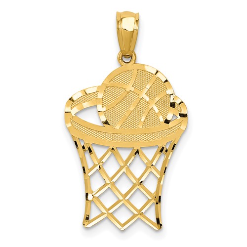 14K Yellow Gold Diamond-cut Basketball in Hoop Pendant