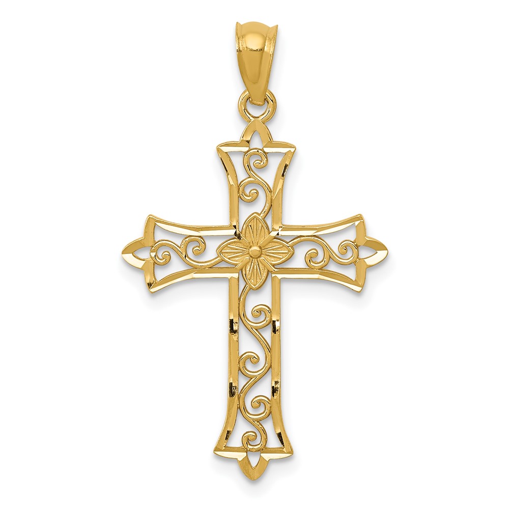 14K Yellow Gold Diamond-cut Flower Center Scrolled Cross Pendant