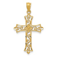 14K Yellow Gold Diamond-cut Flower Center Scrolled Cross Pendant view 1