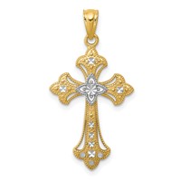 14K and White Rhodium Diamond-Cut Fleur De Lis Cross Pendant view 1