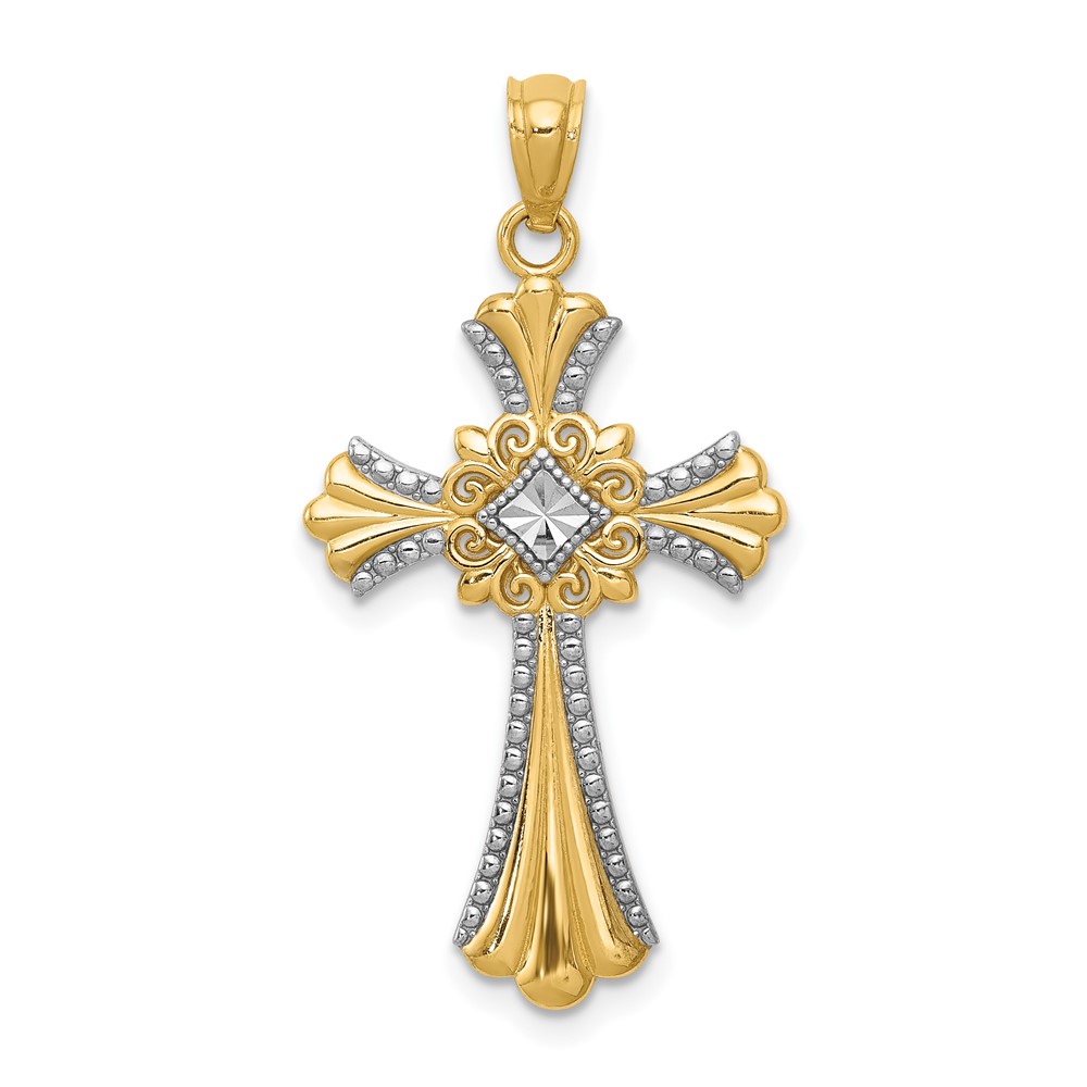 14K Pendant with White Rhodium Diamond-Cut Cross