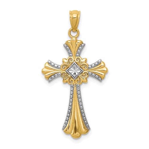 14K Pendant with White Rhodium Diamond-Cut Cross