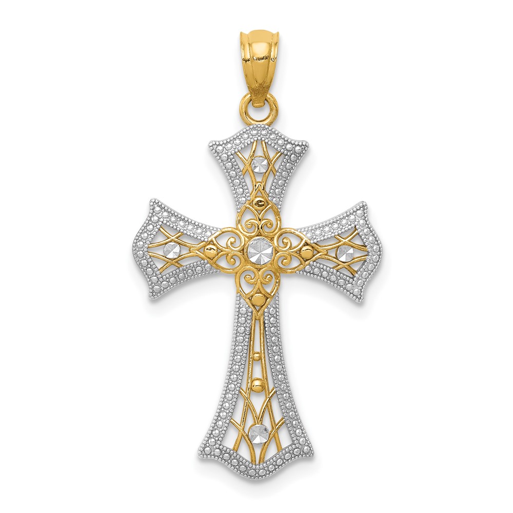 14K Pendant with White Rhodium Diamond-Cut Cross