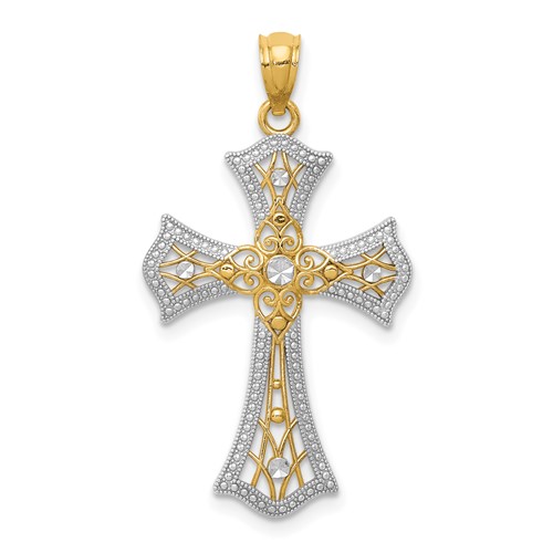14K Pendant with White Rhodium Diamond-Cut Cross
