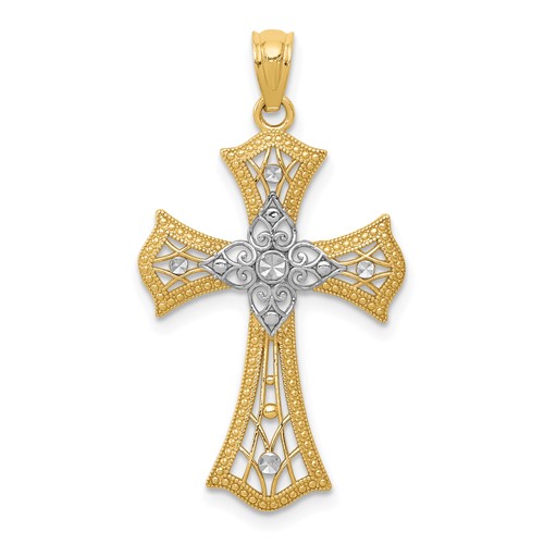 14K Pendant with White Rhodium Diamond-Cut Cross