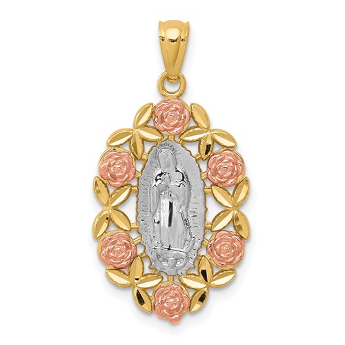 14K Two-Tone with White Rhodium Our Lady of Guadalupe with Flowers Oval Pendant
