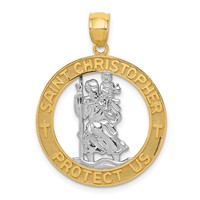 14K and White Rhodium Solid Cut-out St Christopher Medal Round Pendant view 1