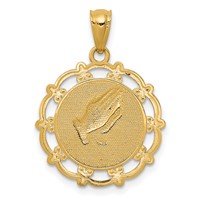 14K and White Rhodium Baptism Pendant with Praying Hands Scalloped Edge Round view 4