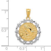 14K and White Rhodium Baptism Pendant with Praying Hands Scalloped Edge Round view 3