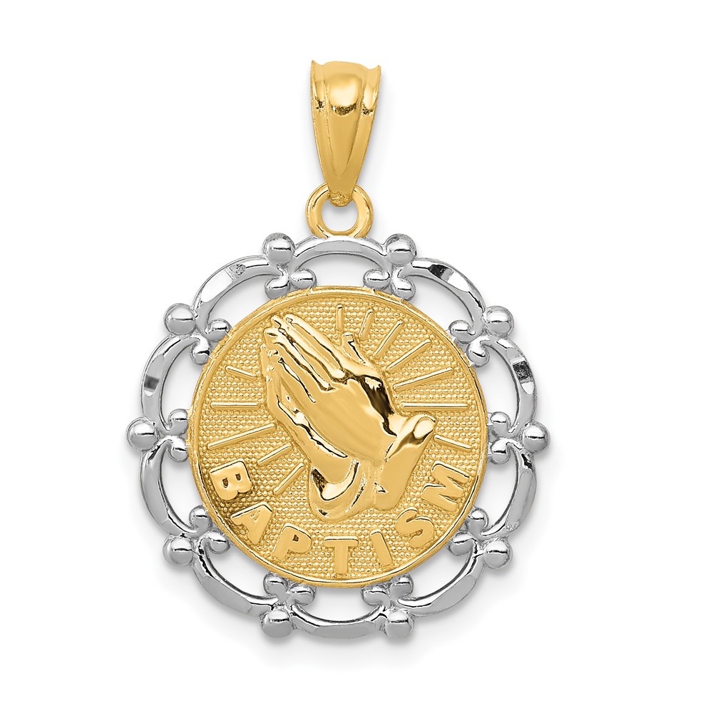 14K and White Rhodium Baptism Pendant with Praying Hands Scalloped Edge Round