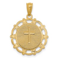 14K and White Rhodium Baptism Pendant with Cross Scalloped Edge Round view 4