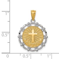 14K and White Rhodium Baptism Pendant with Cross Scalloped Edge Round view 3