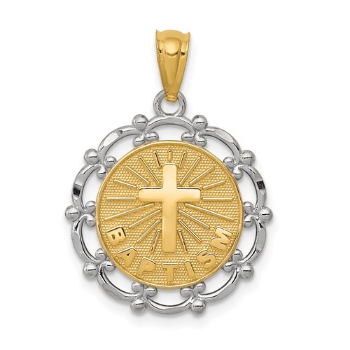 14K and White Rhodium Baptism Pendant with Cross Scalloped Edge Round