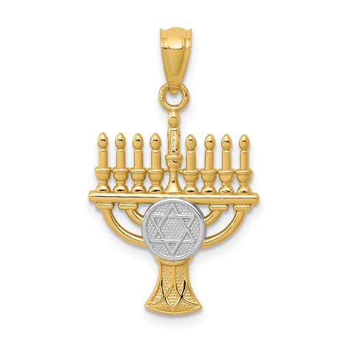 14K and White Rhodium Star of David Menorah Pendant