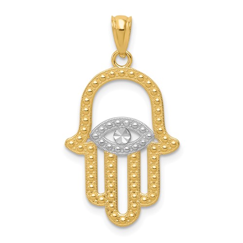 14K and White Rhodium Textured Hamsa and Evil Eye Pendant